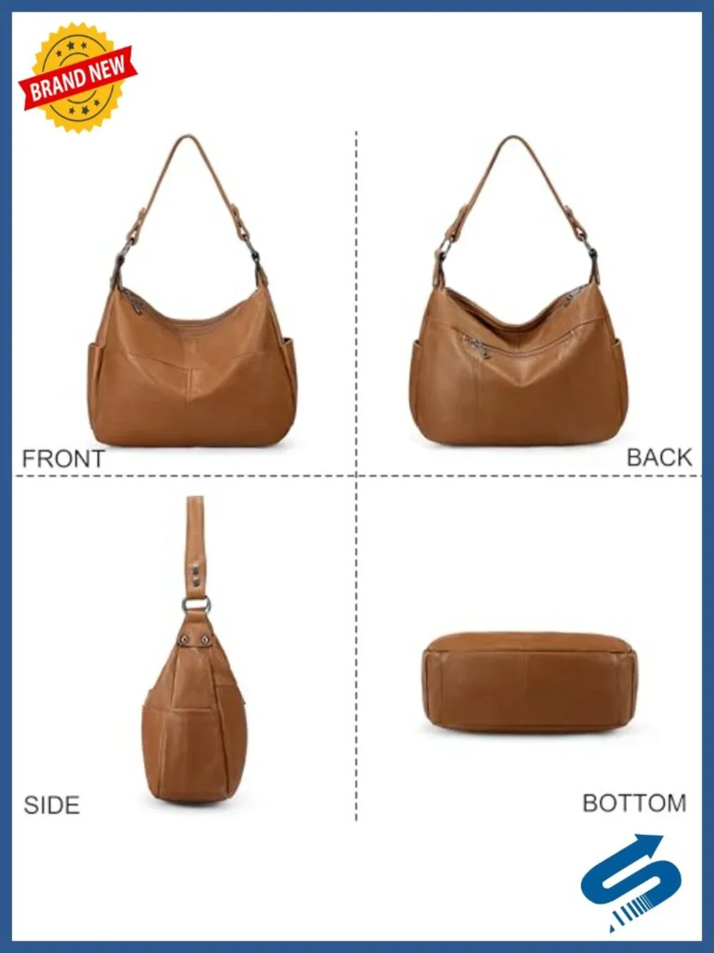 Genuine Leather Convertible Shoulder Bag with 2 Straps, Handbag Purse, Hobo